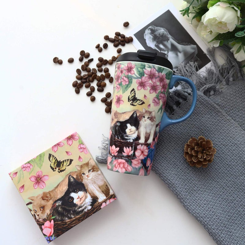 TZSSP Coffee Ceramic Mug Travel Mug Porcelain Latte Tea Cup With Lid 17oz,Novelty Coffee Mugs for Office & Home Flower and Cat - Image 3